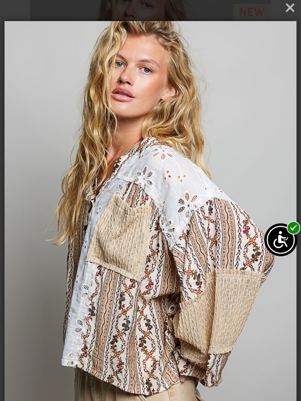 Pol Boho Patchwork Button-Front Women’s Top in Cream and Beige